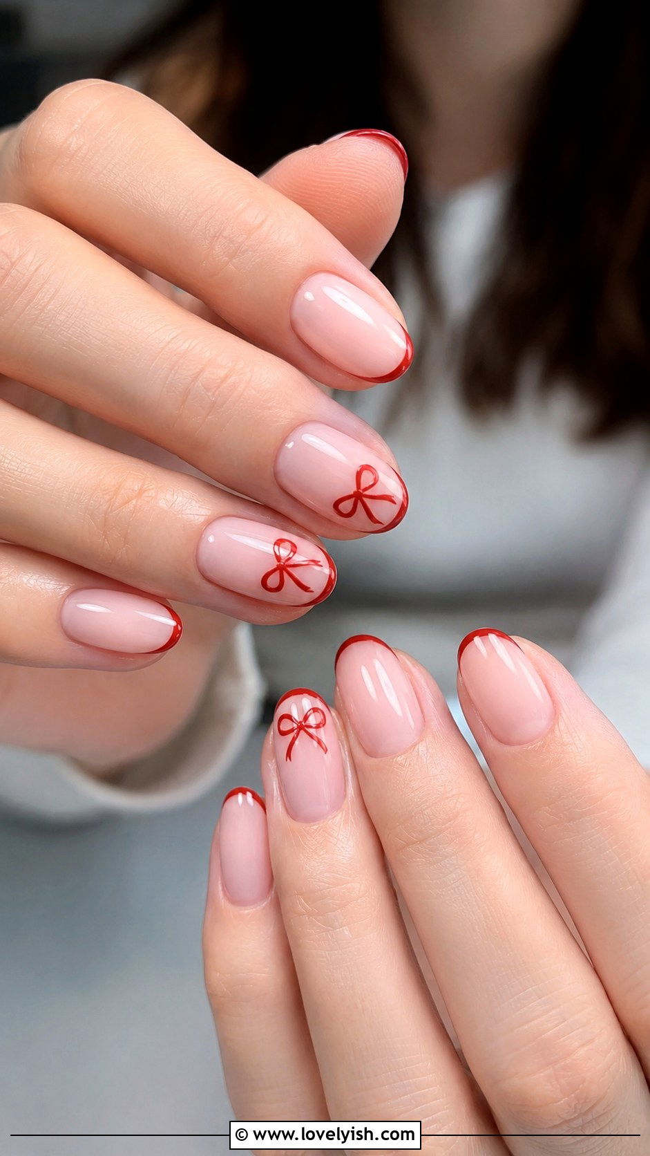 Cherry Bow French Nails - 44 nails design - 44 nails design