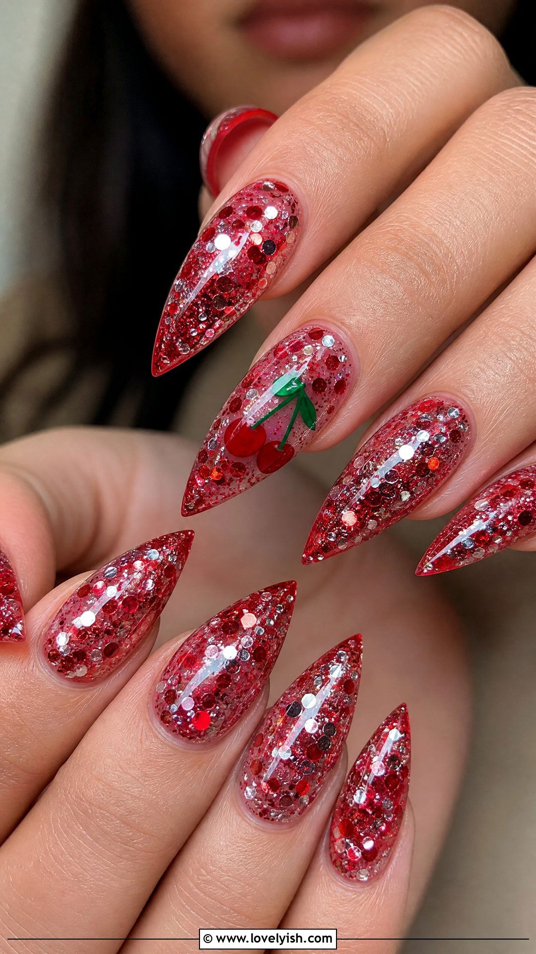 Cherry Disco Glitter Nails - 50 cherry nails - 50 cherry nails
