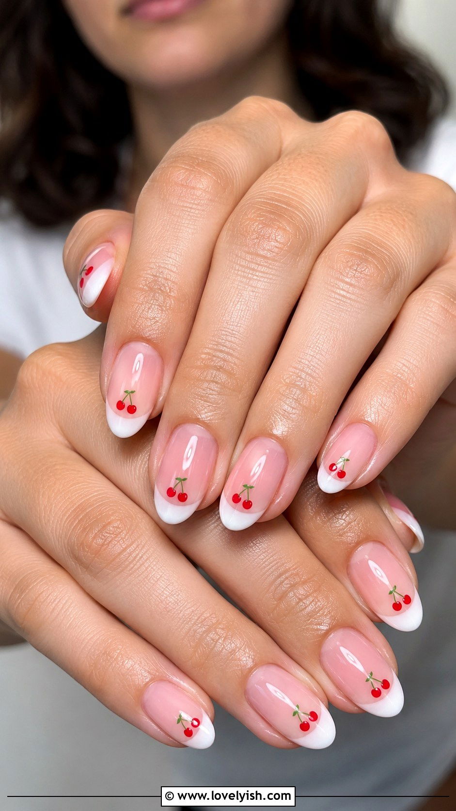 Cherry Print French Tip Nails - 43 summer nail designs - 43 summer nail designs
