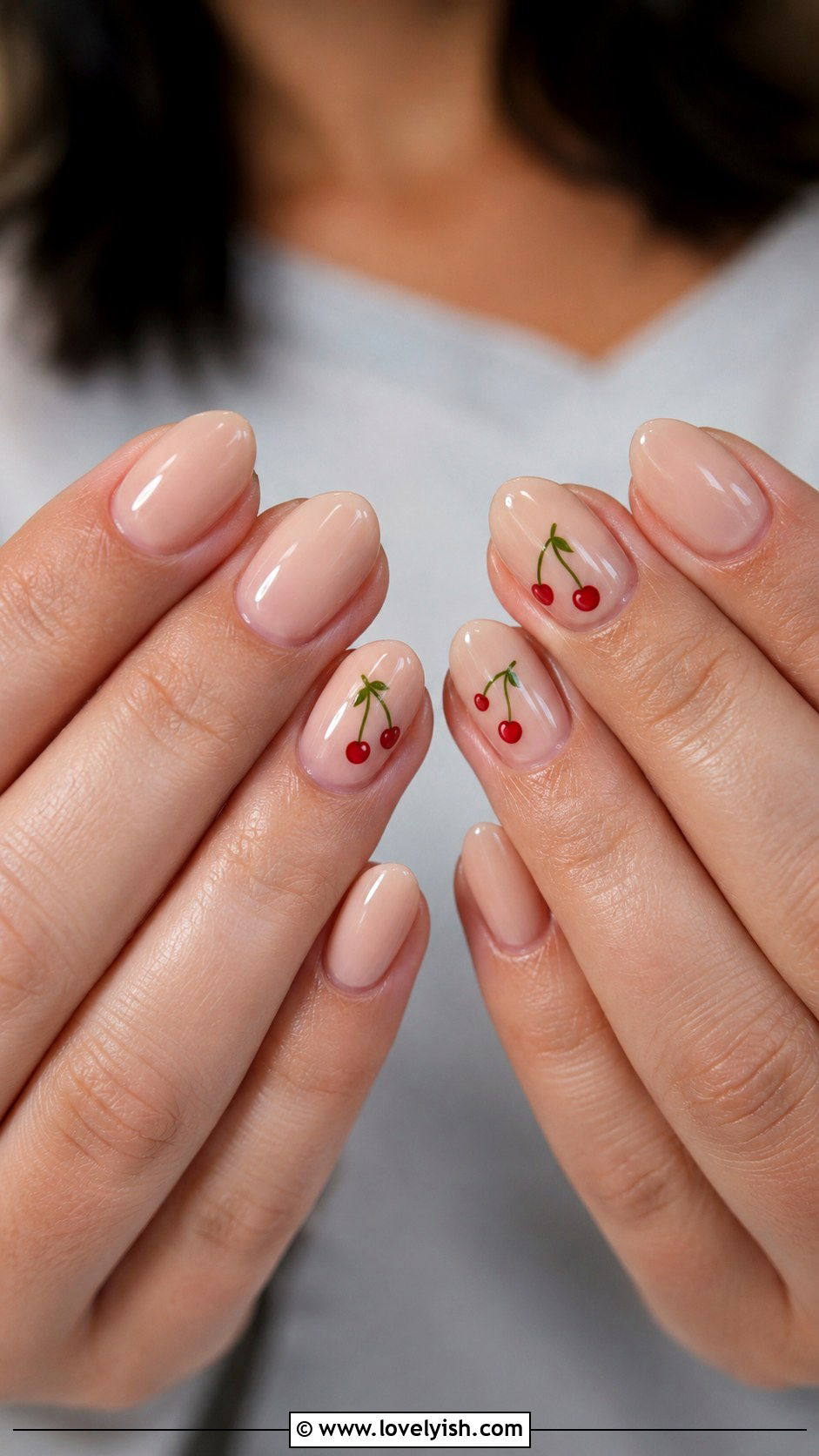 Cherry Print Nude Accent Nails - 50 back to school nails - 50 back to school nails