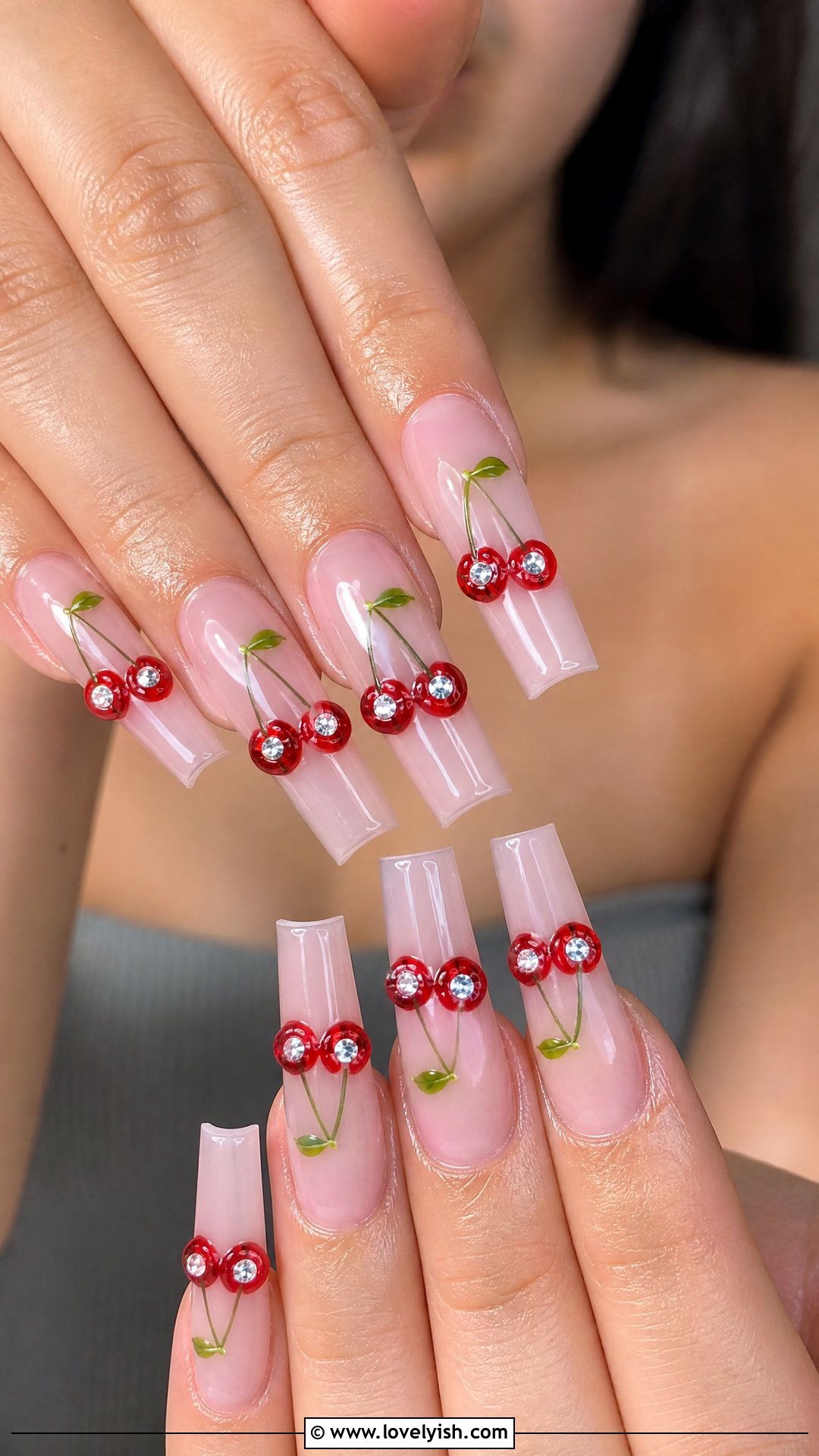 Cherry Rhinestone Nails - 50 cherry nails - 50 cherry nails