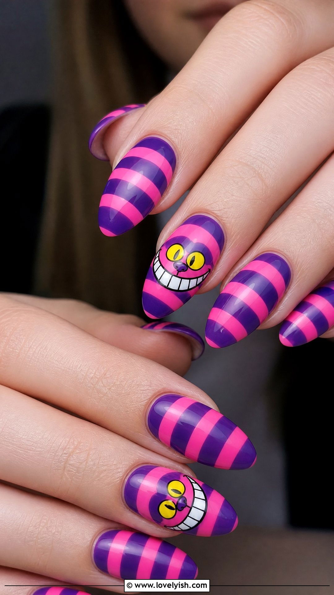 Cheshire Cat Pink and Purple Stripe Nails - 50 disney nail designs - 50 disney nail designs