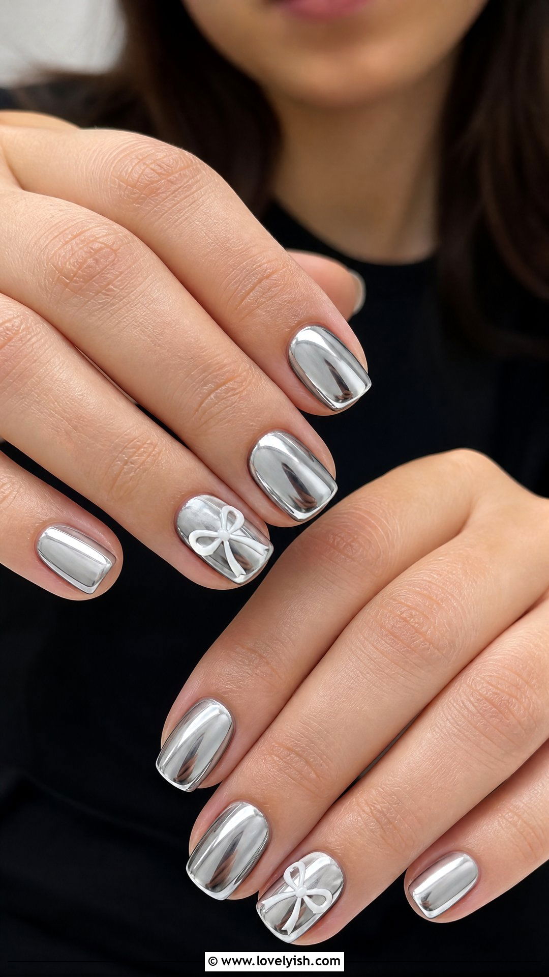 Chrome Bow Nails on Silver Base - 25 bow nail design ideas - 25 bow nail design ideas