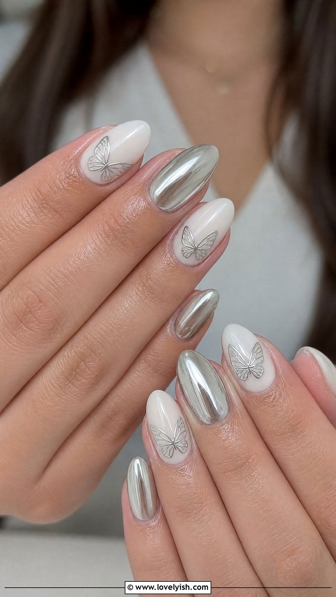 Chrome Butterfly Accent Nails - 25 butterfly nail design ideas - 25 butterfly nail design ideas
