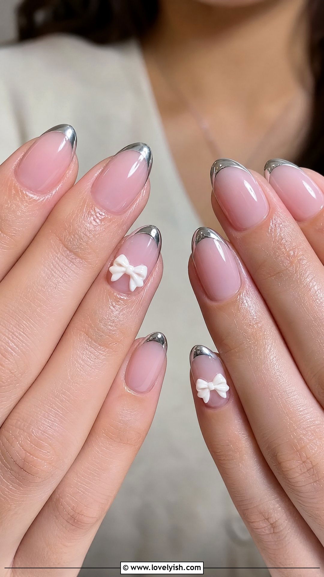 Chrome French Tip with Bow Accent - 50 chrome french tip nails - 50 chrome french tip nails