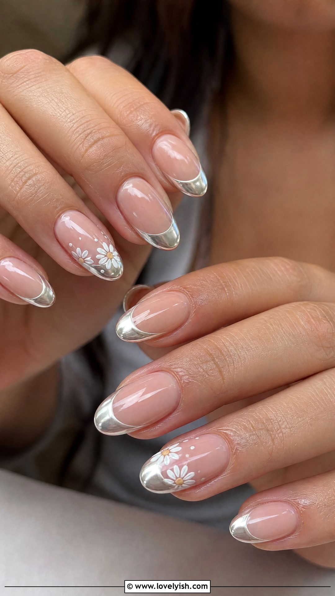 Chrome French Tip with Floral Accent - 50 chrome french tip nails - 50 chrome french tip nails