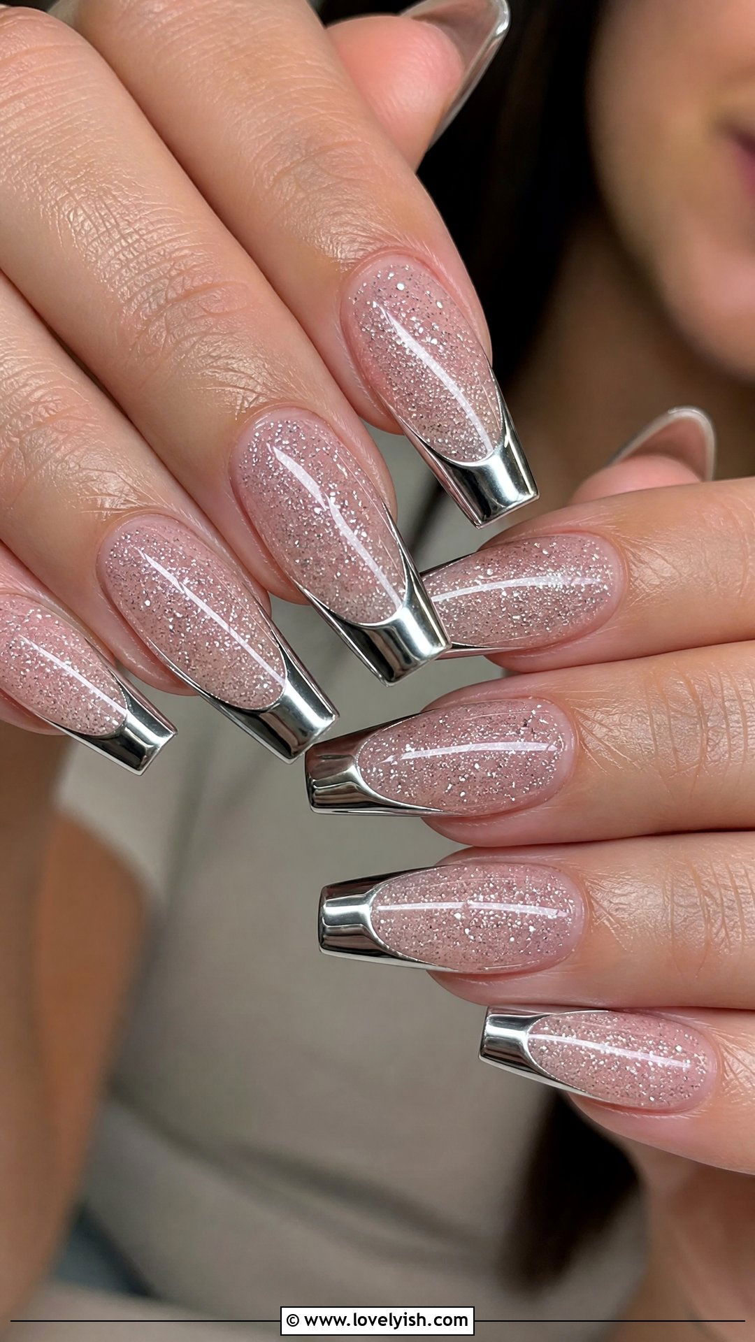 Chrome French Tip with Glitter Base - 50 chrome french tip nails - 50 chrome french tip nails