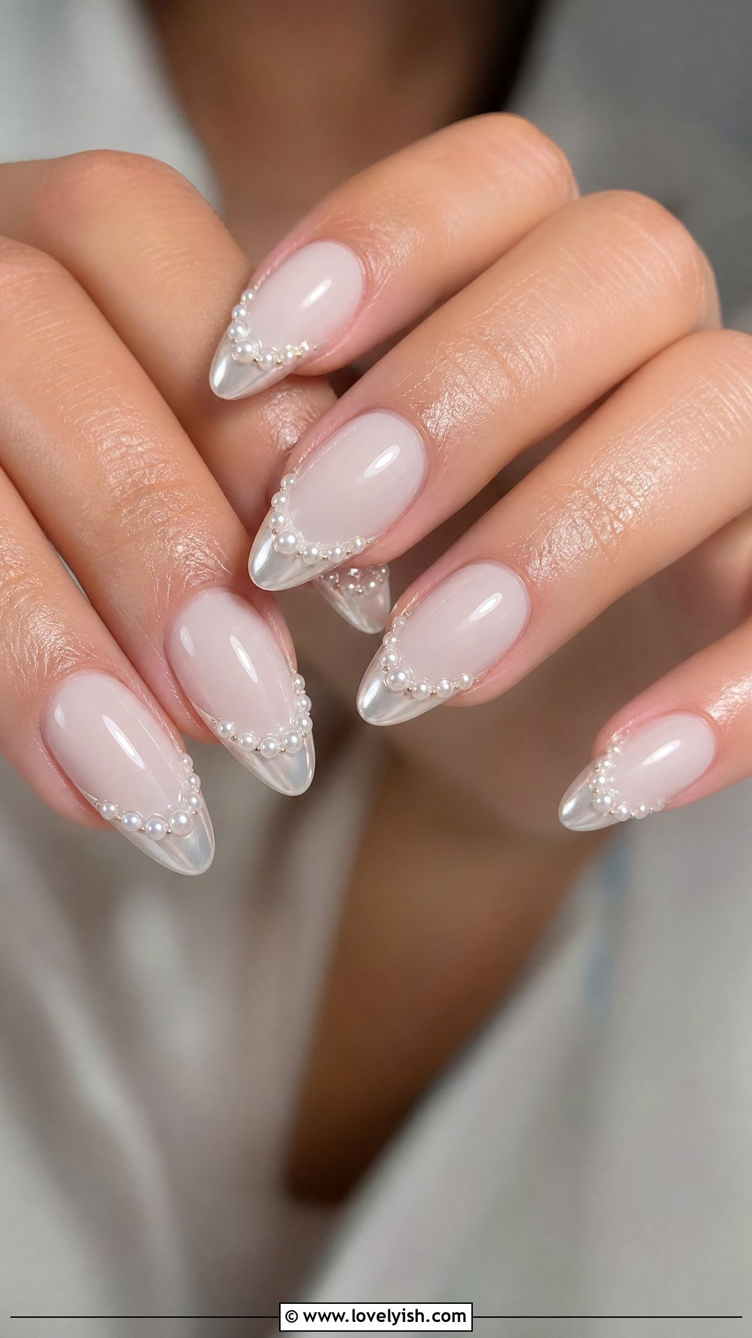 Chrome French Tip with Pearl Accents - 50 chrome french tip nails - 50 chrome french tip nails