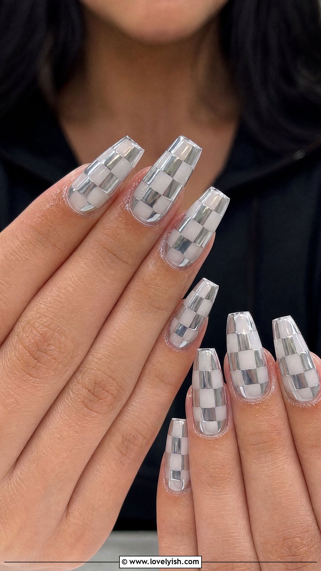 Chrome Silver Checkered Nails - 25 checkered nail designs - 25 checkered nail designs