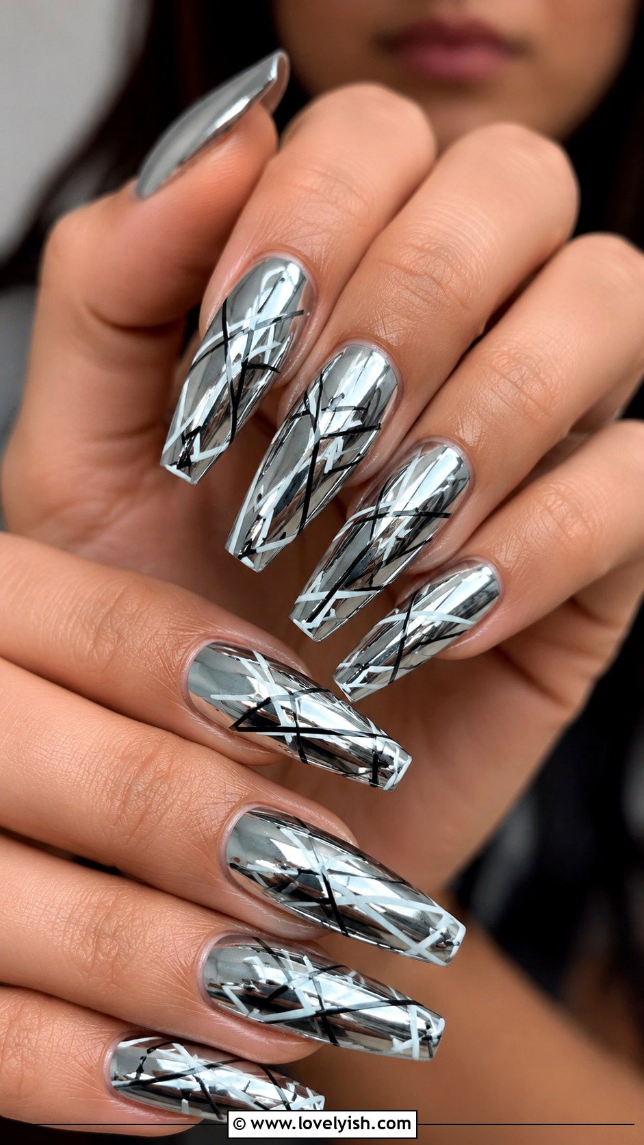 Chrome Silver Geometric Line Nails - 25 geometric nail designs - 25 geometric nail designs