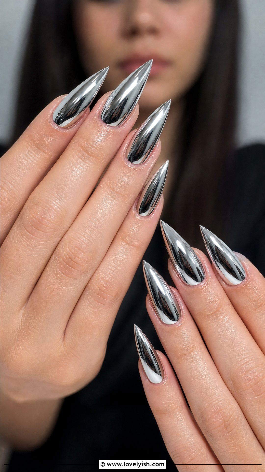 Chrome Silver Stiletto Nail Extensions - 48 nail extensions - 48 nail extensions
