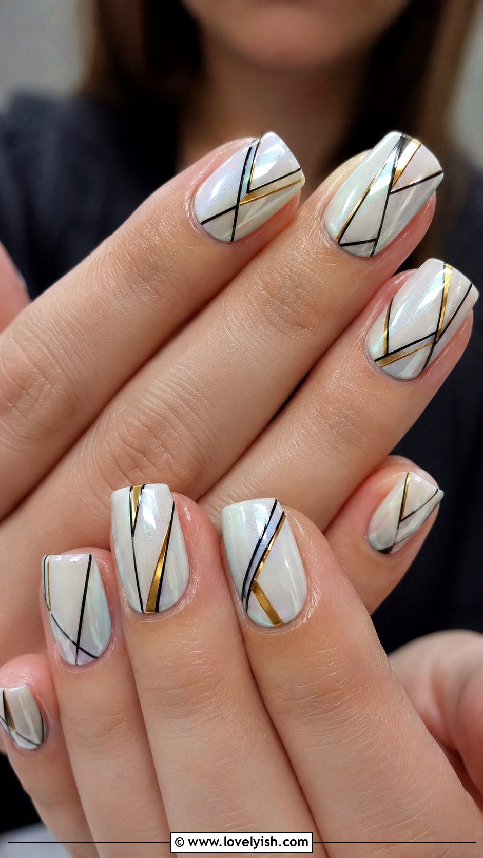 Chrome White Nails With Geometric Art - 50 white chrome nails - 50 white chrome nails