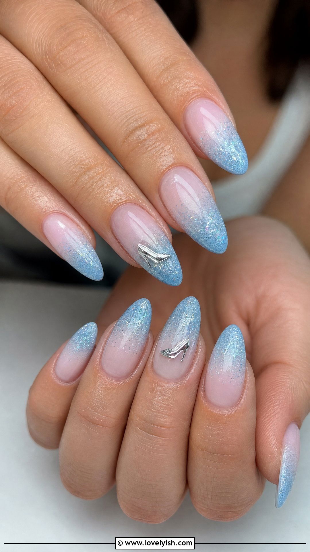 Cinderella Blue Glitter Ombre Nails - 50 disney nail designs - 50 disney nail designs