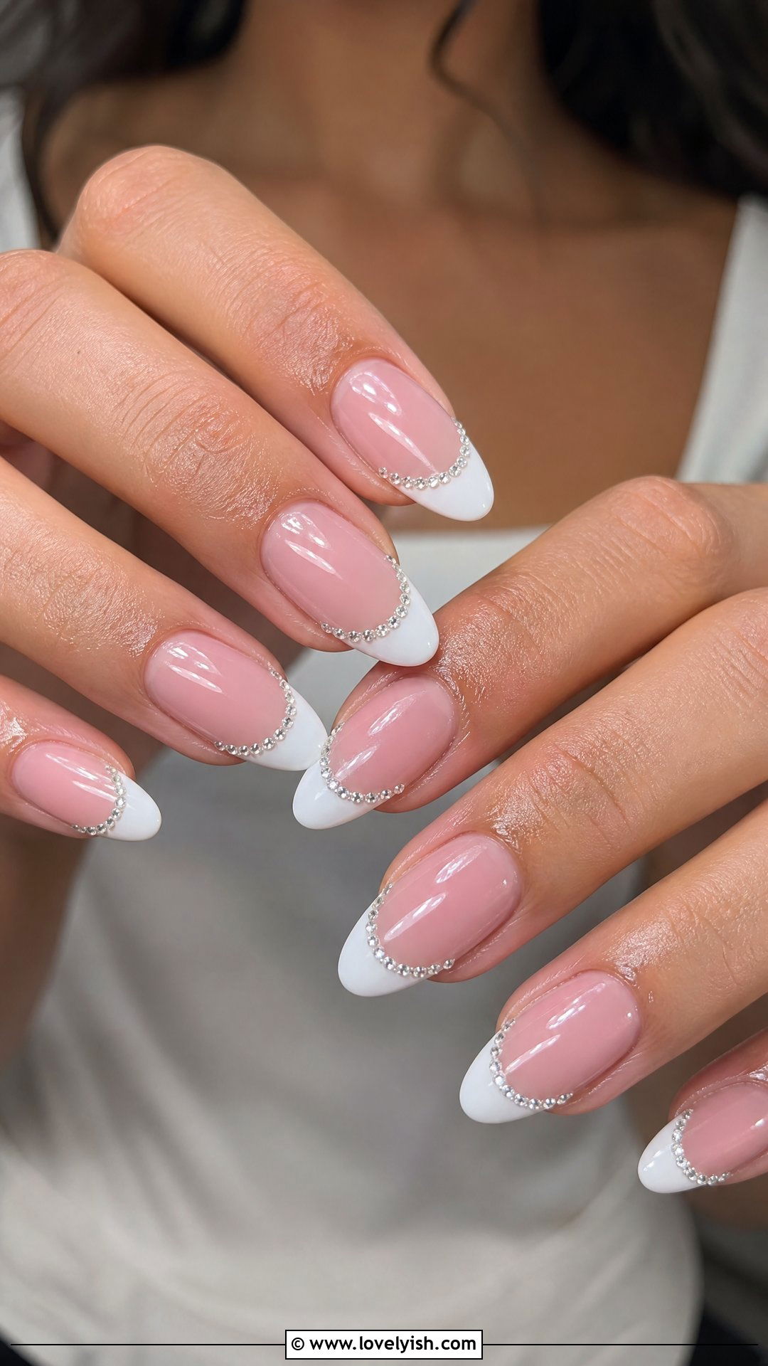 Classic French Tip Diamond Nails - 50 diamond nails - 50 diamond nails