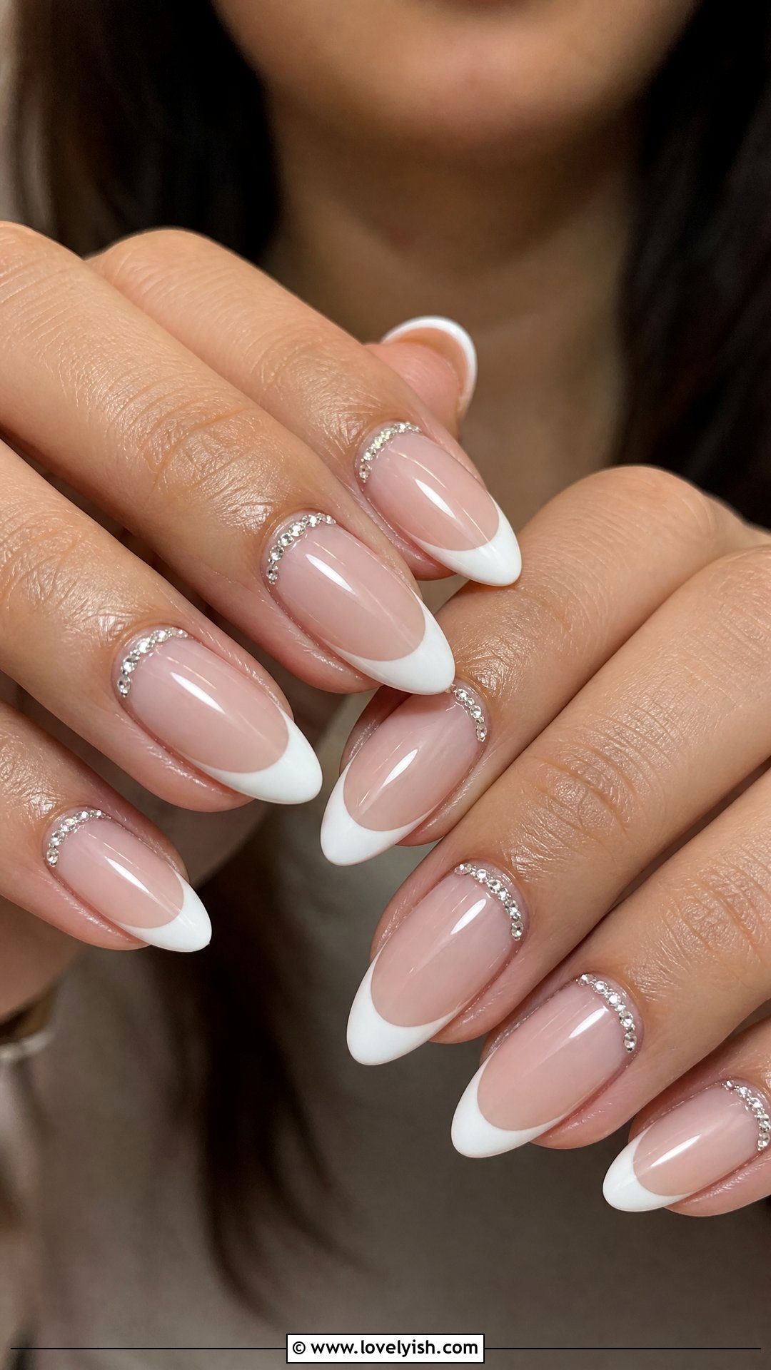 Classic French Tip Nails With Diamond Cuff - 30 nail designs with diamonds - 30 nail designs with diamonds