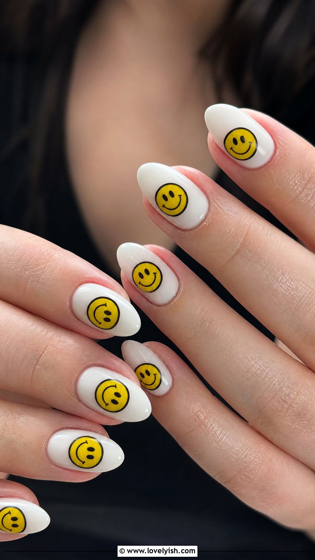 Classic Yellow Smiley Face on Milky White Nails - 50 smiley face nails - 50 smiley face nails