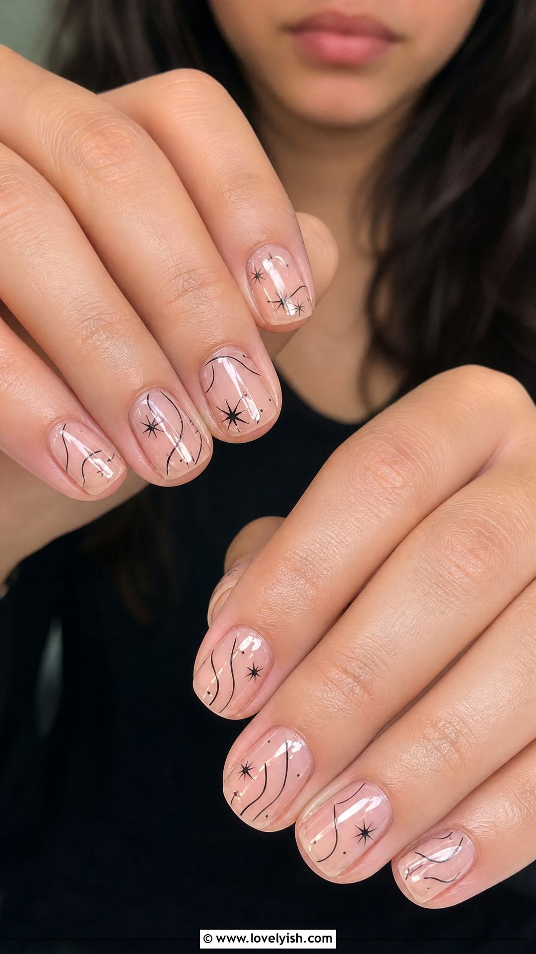 Clear Nails with Black Line Art - 25 clear nails with design - 25 clear nails with design