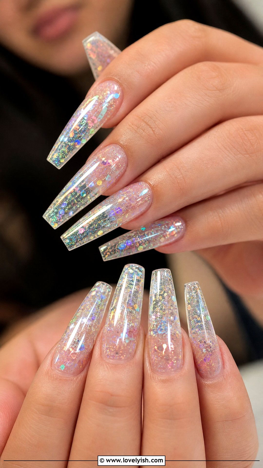 Clear Nails with Holographic Glitter - 25 clear nails with design - 25 clear nails with design