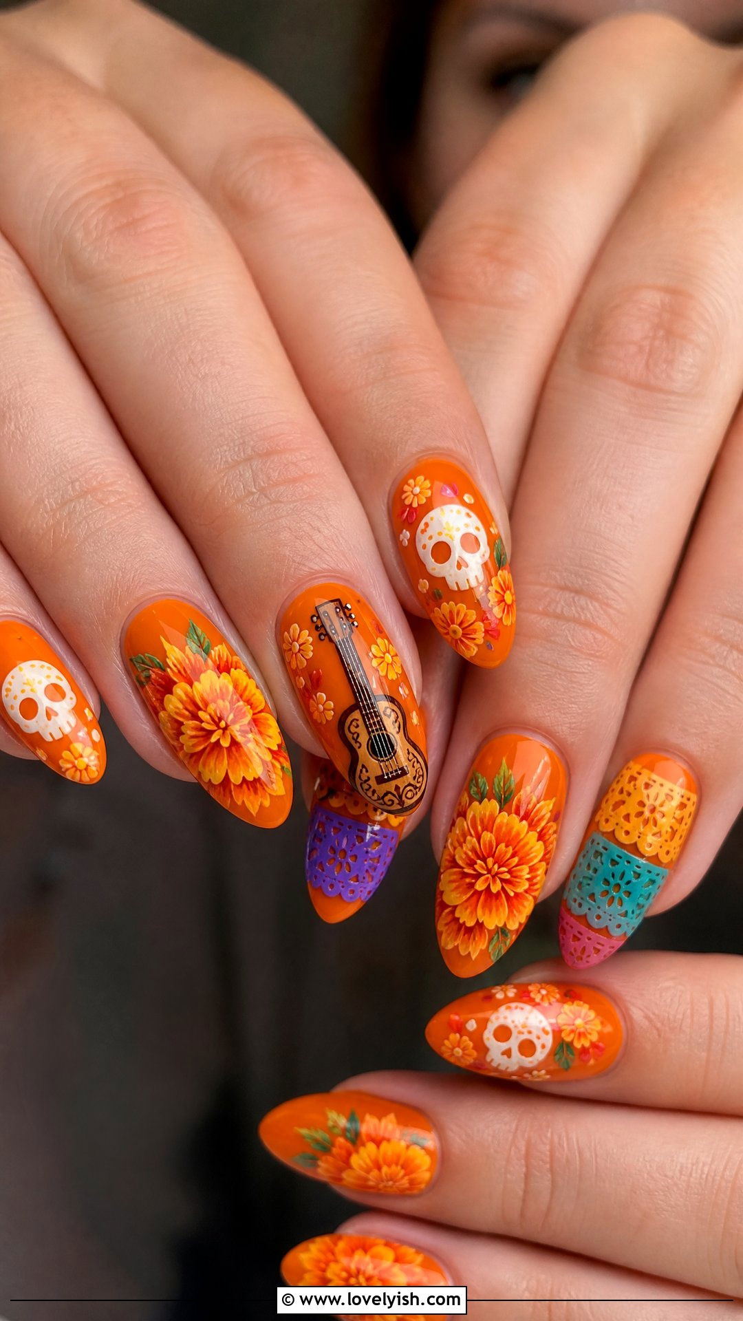 Coco Marigold Floral Nails - 50 disney nail designs - 50 disney nail designs