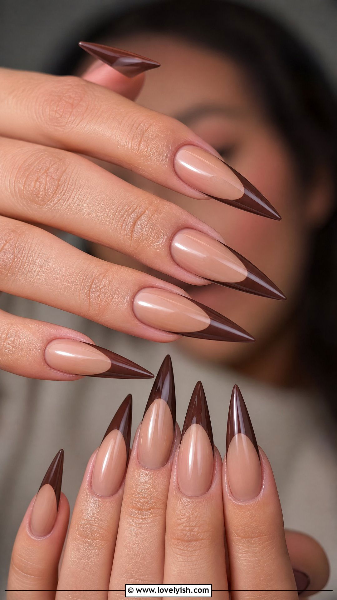 Coffee Brown French Long Stiletto Nails - 50 long stiletto nails - 50 long stiletto nails