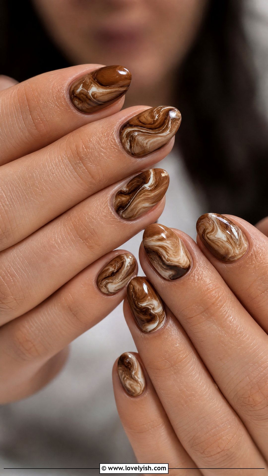 Coffee Brown Marble Short Almond Nails - 50 short almond nails - 50 short almond nails