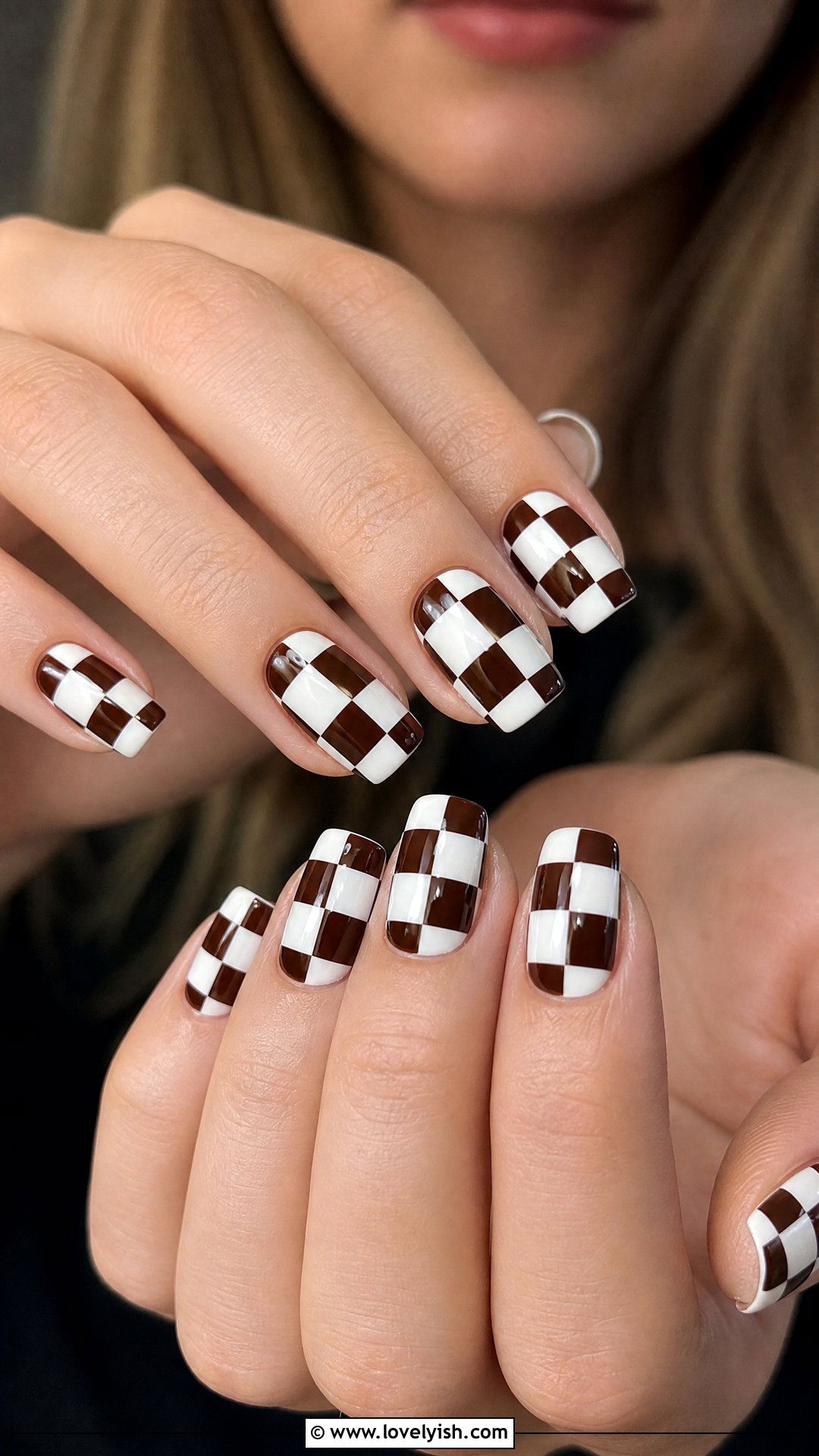 Coffee Brown and White Checkered Nails - 50 checkered nails - 50 checkered nails