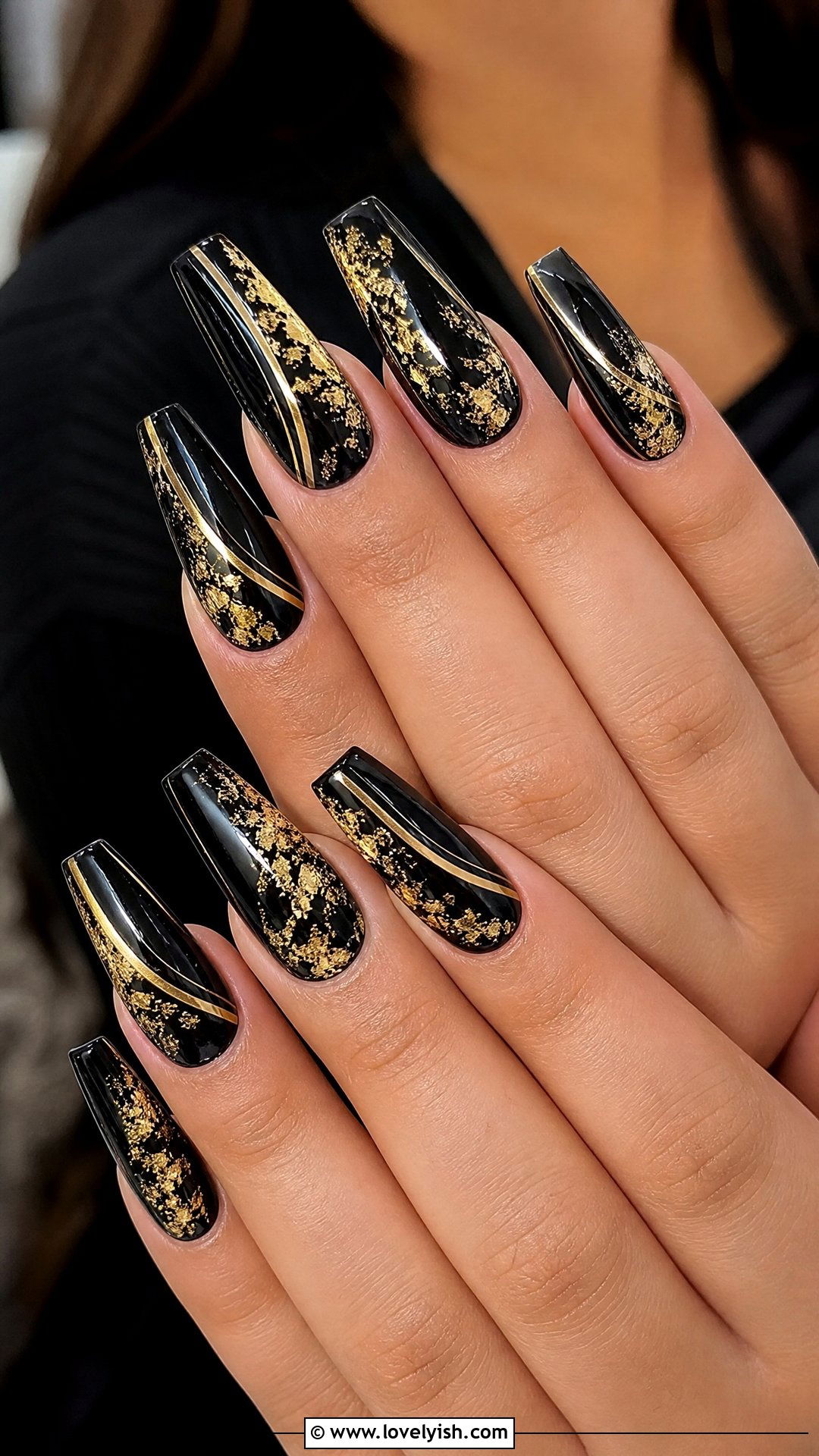 Coffin Black and Gold Builder Gel Nails - 50 builder gel nails - 50 builder gel nails