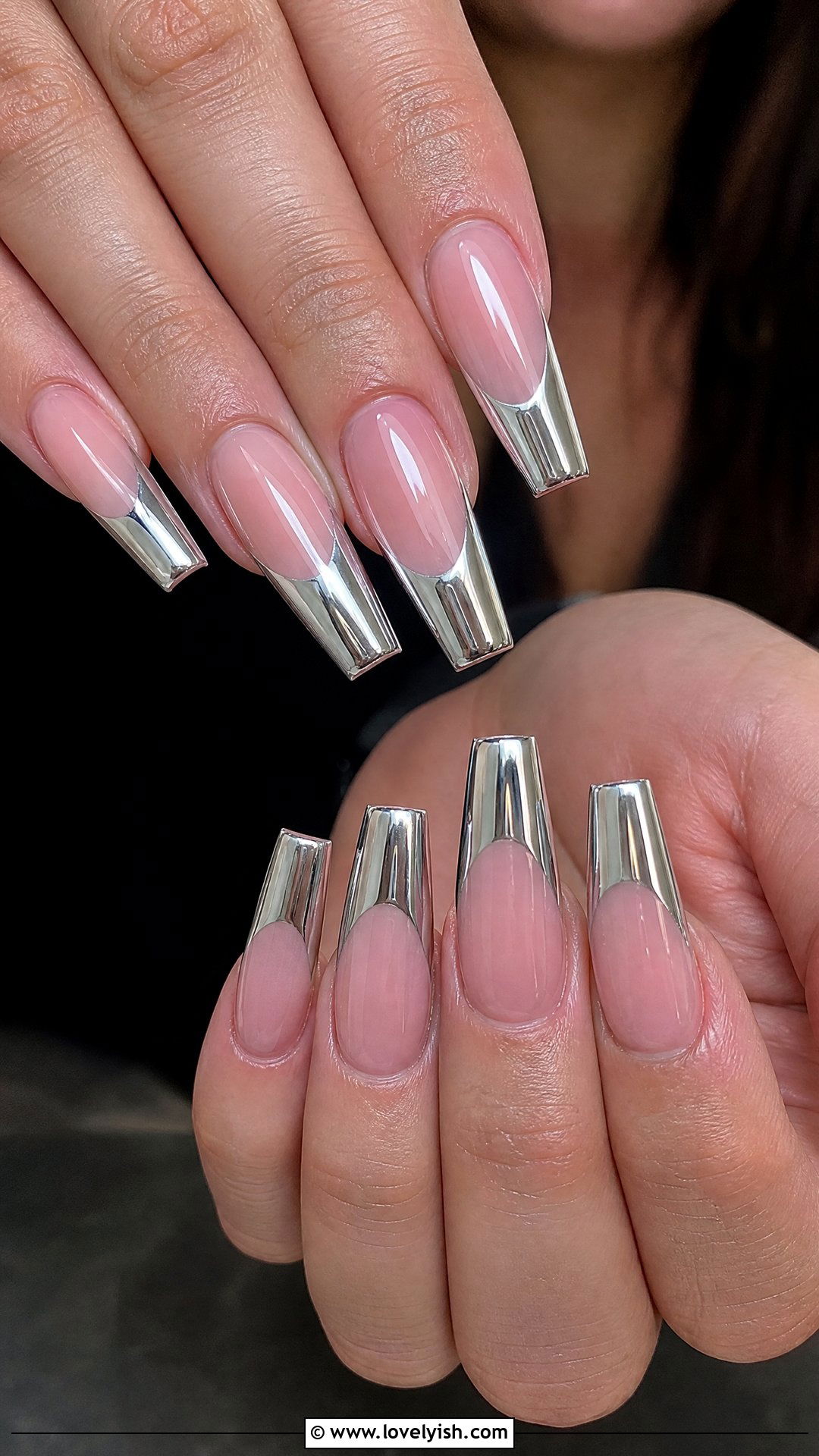 Coffin Silver Chrome French Tip Nails - 50 chrome french tip nails - 50 chrome french tip nails