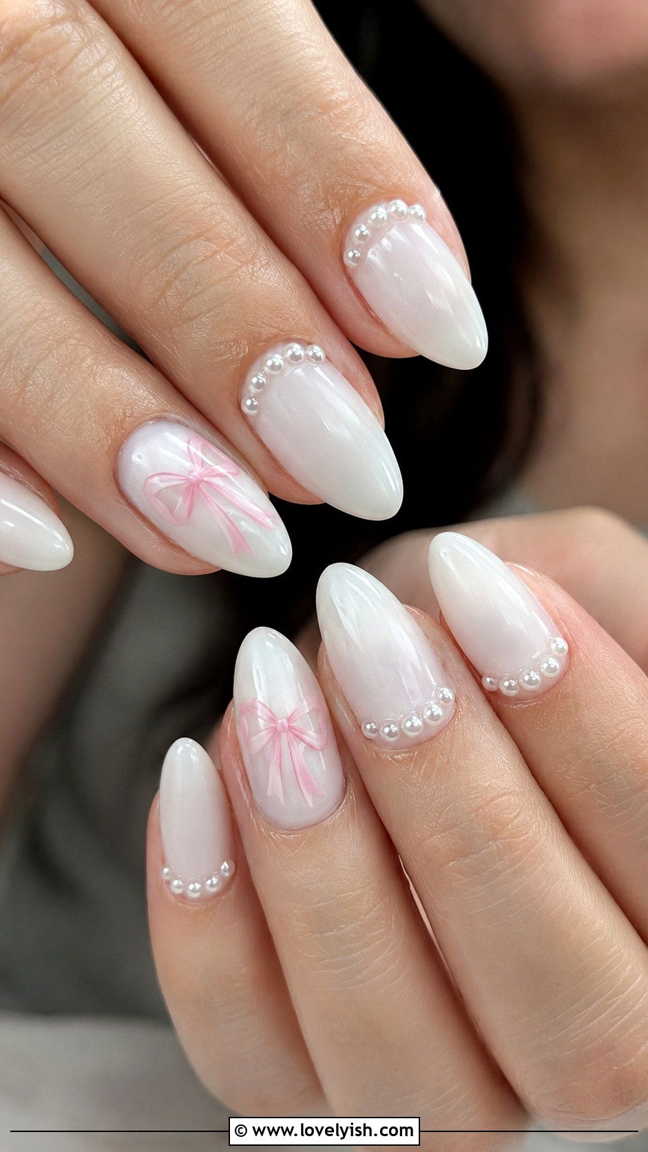 Coquette Ribbon and Pearl Nails - 50 tumblr nail designs - 50 tumblr nail designs