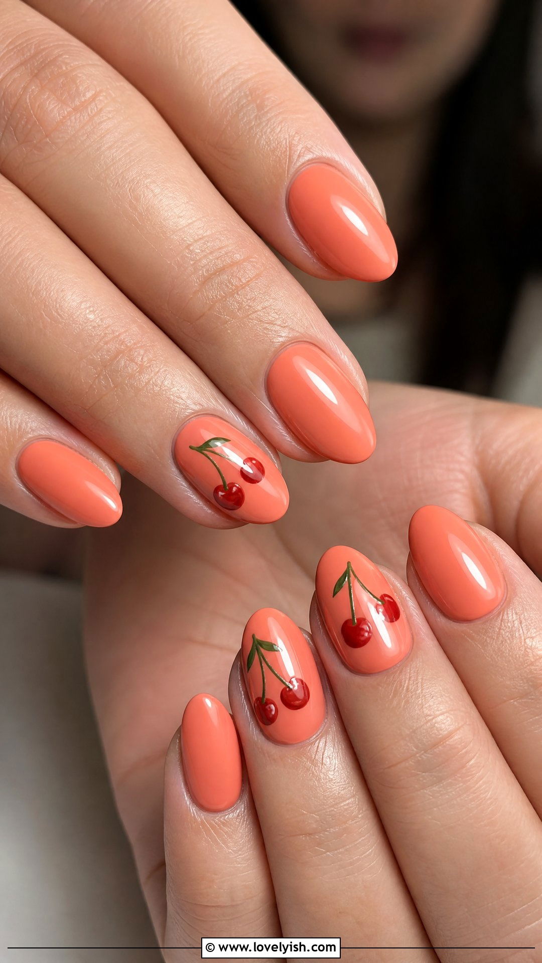 Coral Cherry Print Nails - 50 coral nail designs - 50 coral nail designs