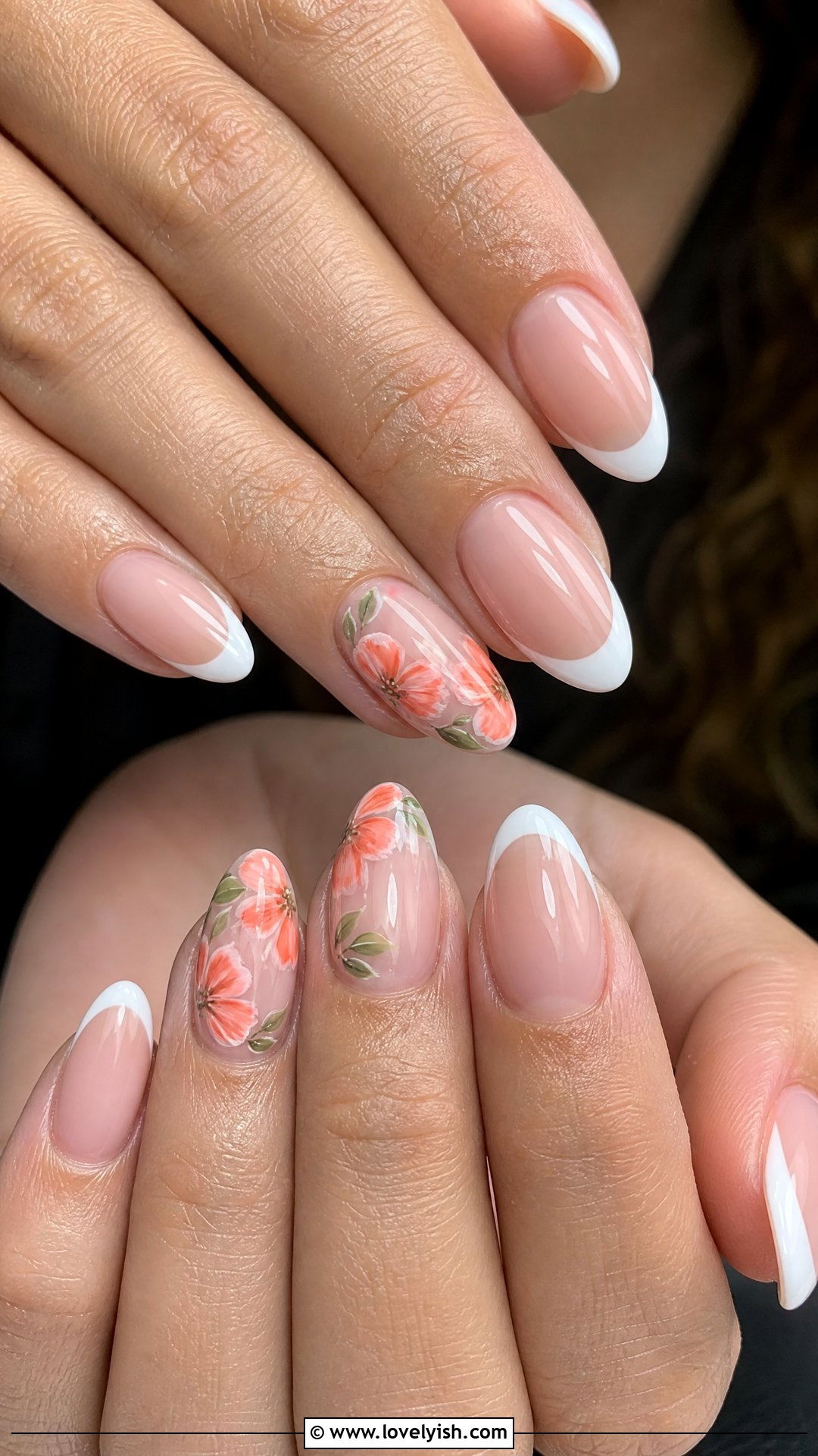 Coral Floral French Tip Almond Nails - 50 almond french tip nails - 50 almond french tip nails