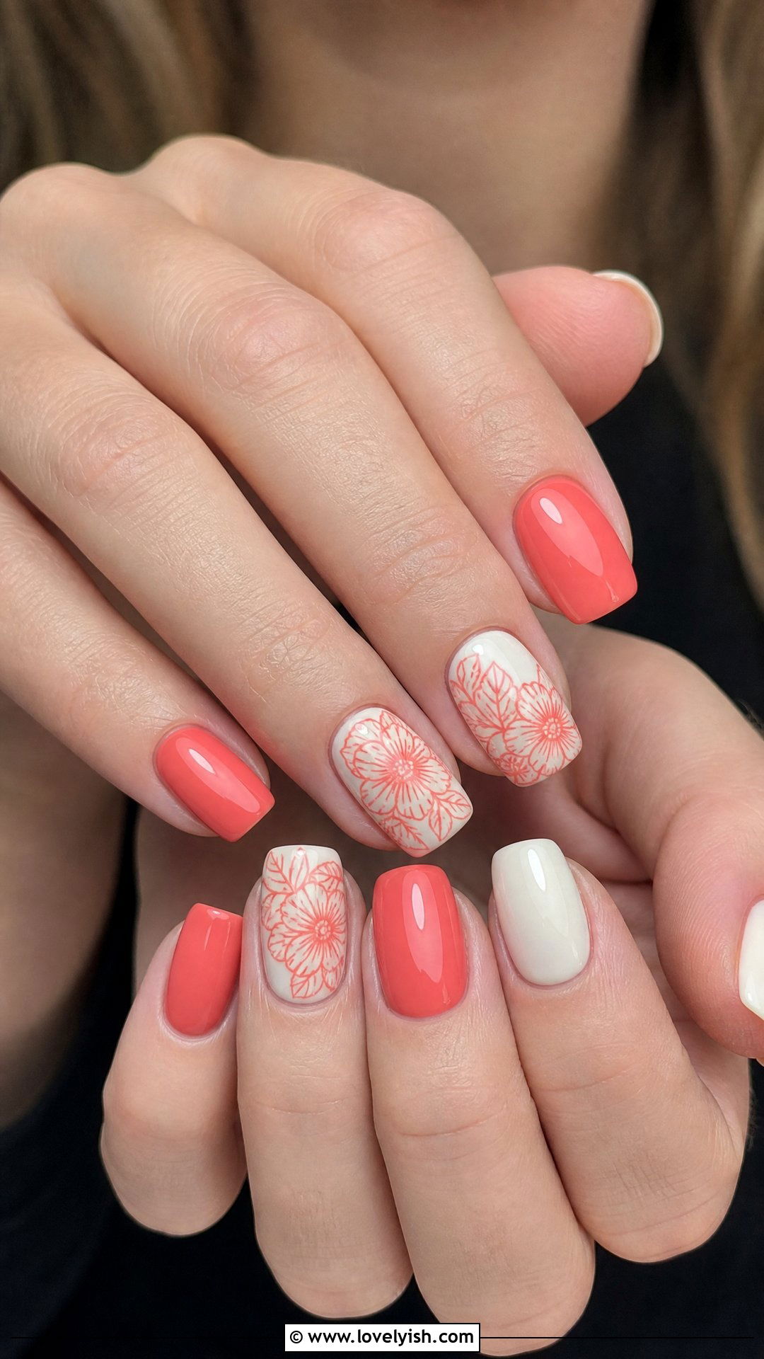 Coral Floral Stamp Nails - 50 cute spring nail designs - 50 cute spring nail designs