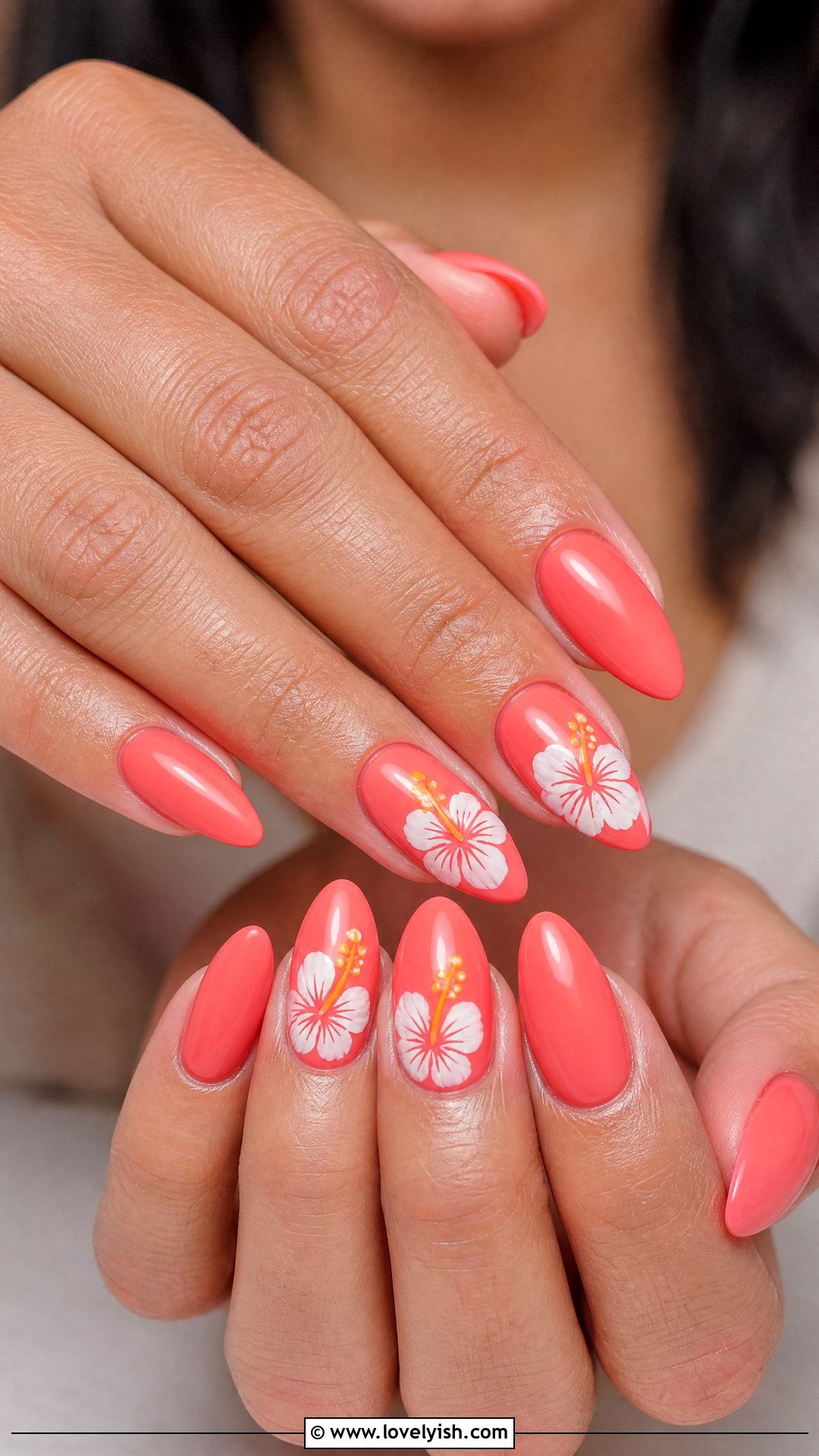 Coral Hibiscus Flower Nails - 50 coral nail designs - 50 coral nail designs