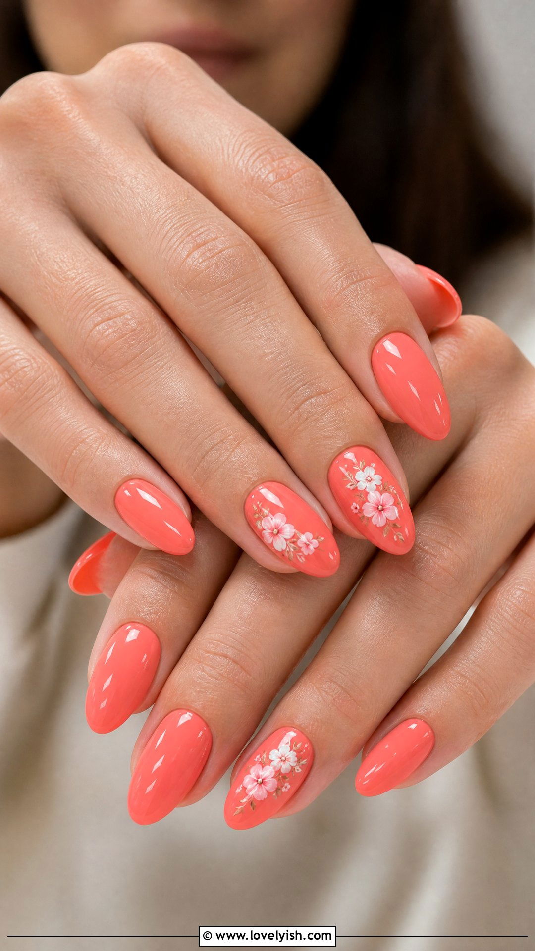 Coral Nails with Floral Decals - 50 mothers day nail designs - 50 mothers day nail designs