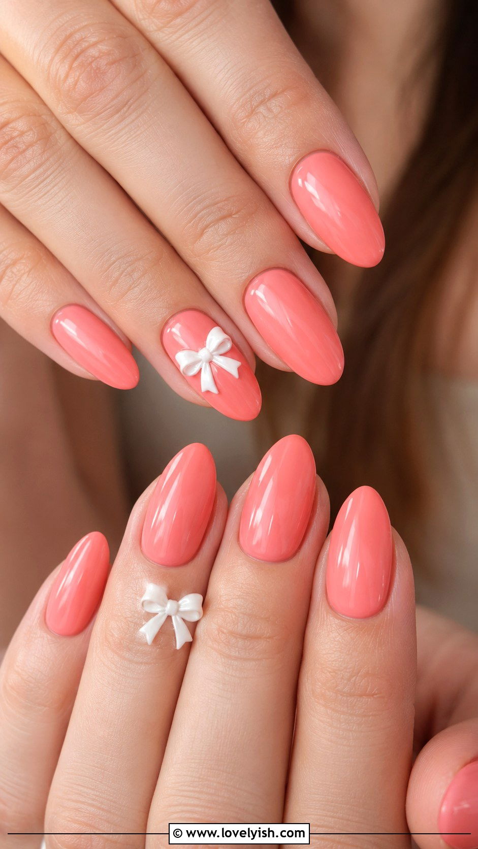 Coral Pink Bow Accent Nails - 50 preppy nails - 50 preppy nails