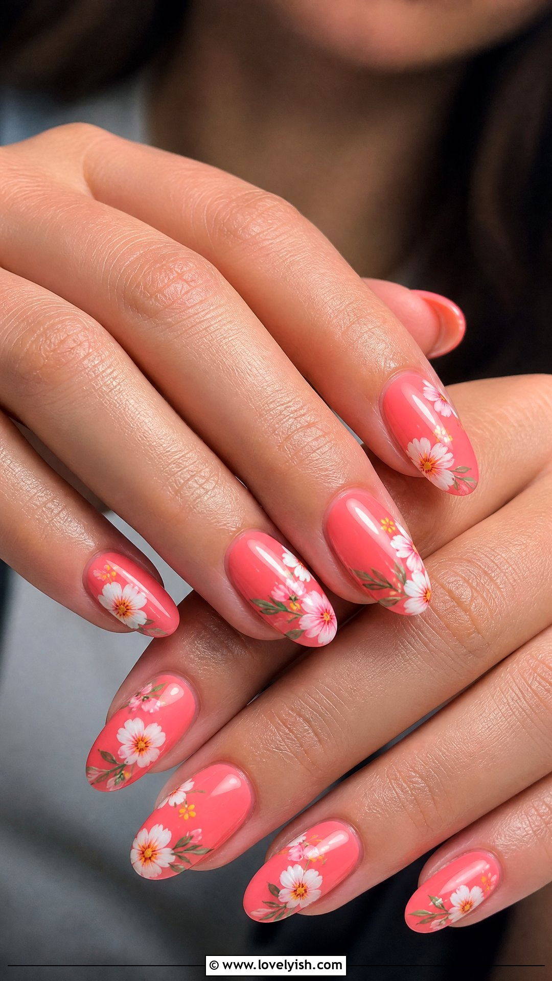 Coral Pink Floral Prom Nails - 25 prom nail ideas - 25 prom nail ideas