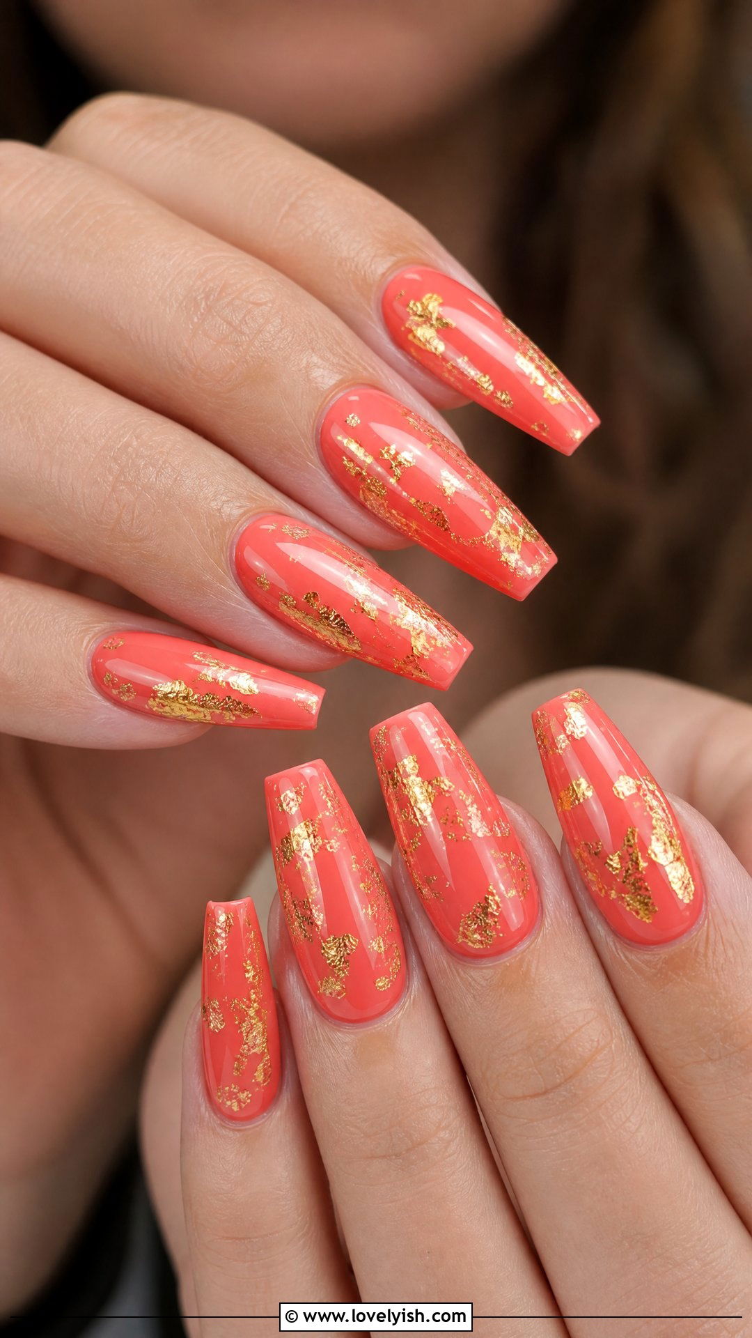 Coral Polygel Nails with Gold Foil - 50 polygel nails - 50 polygel nails