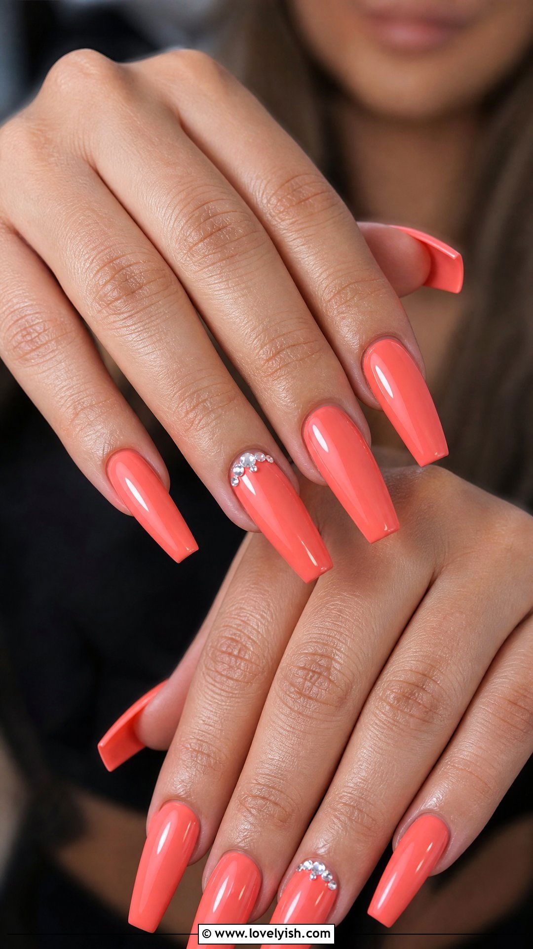 Coral Rhinestone Accent Nails - 50 coral nail designs - 50 coral nail designs