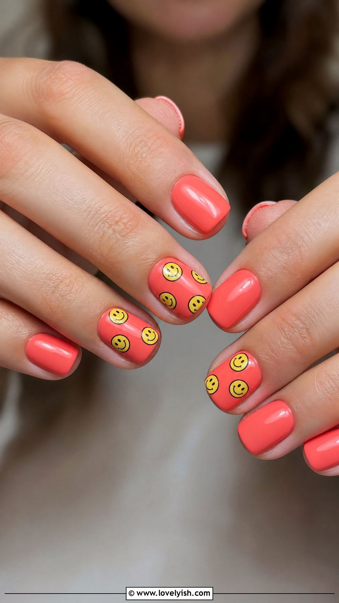 Coral Smiley Face Nails - 43 summer nail designs - 43 summer nail designs