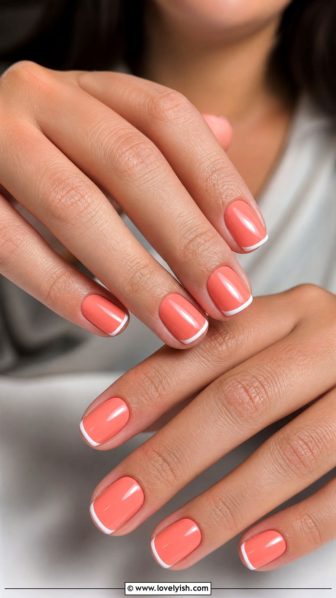 Coral White Line French Nails - 50 easy spring nail designs - 50 easy spring nail designs