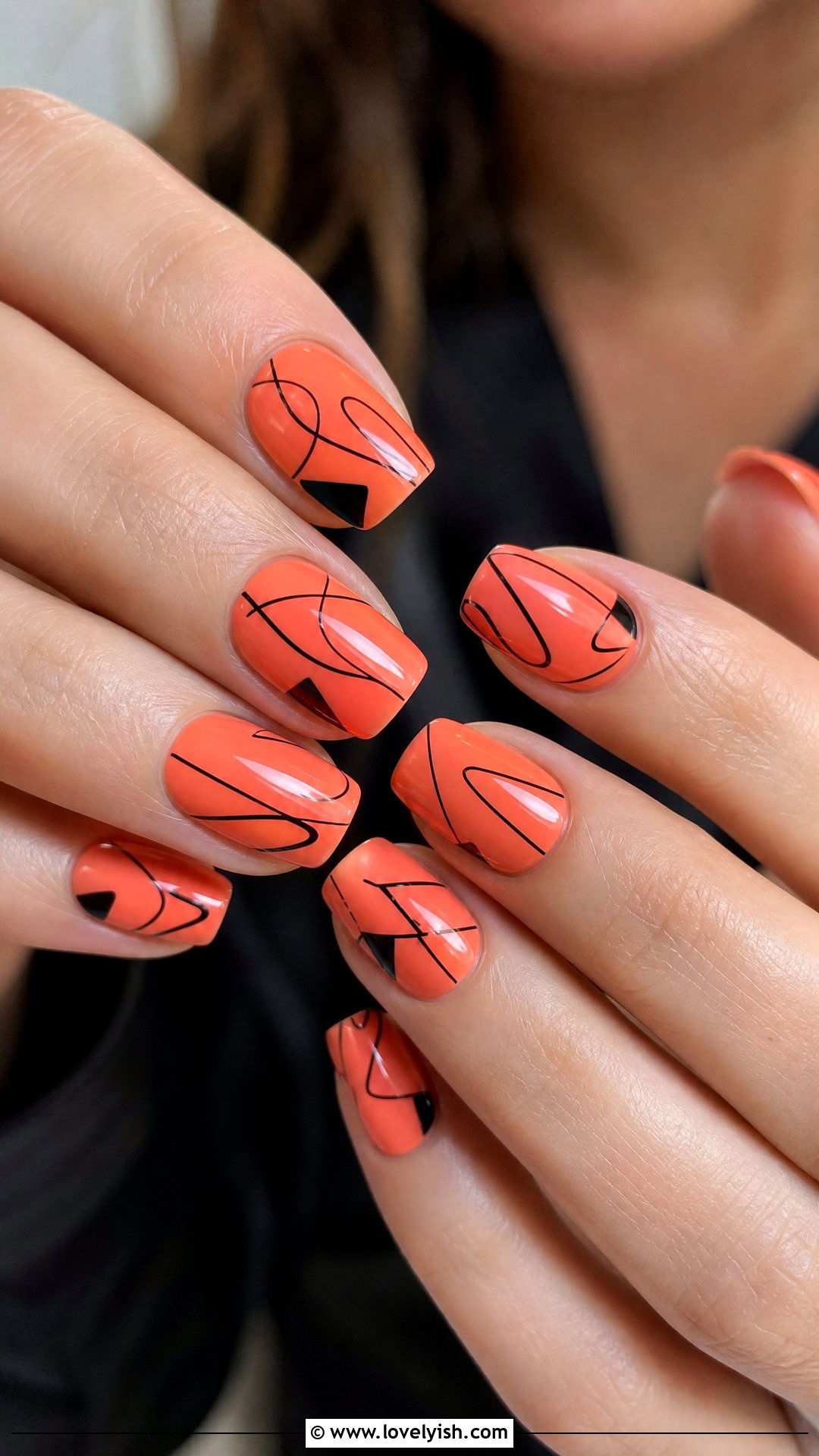 Coral and Black Abstract Nails - 50 coral nail designs - 50 coral nail designs