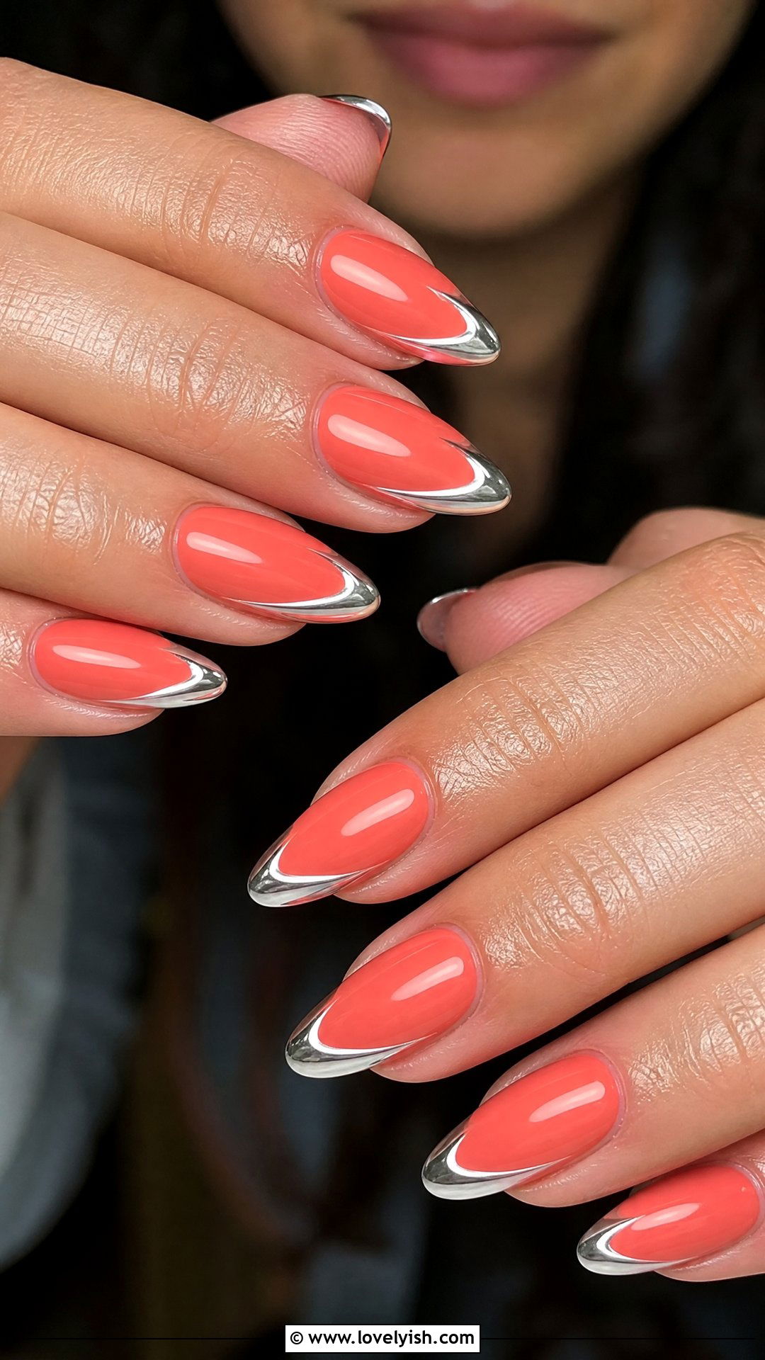 Coral and Silver Chrome Tip Nails - 50 coral nail designs - 50 coral nail designs