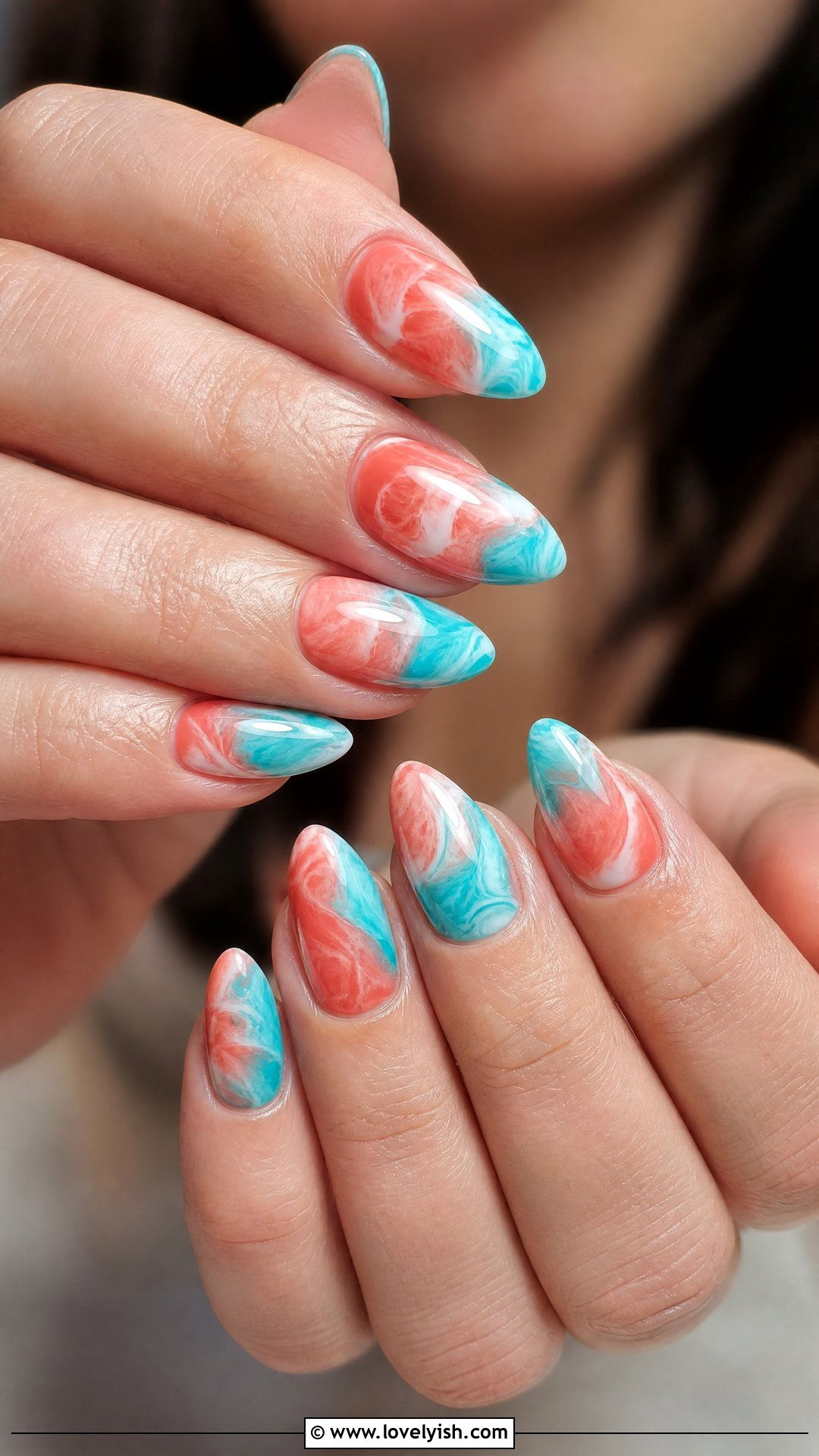 Coral and Turquoise Marble Nails - 50 coral nail designs - 50 coral nail designs
