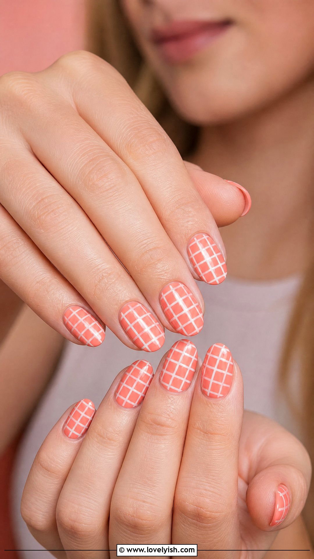 Coral and White Checkered Nails - 50 checkered nails - 50 checkered nails