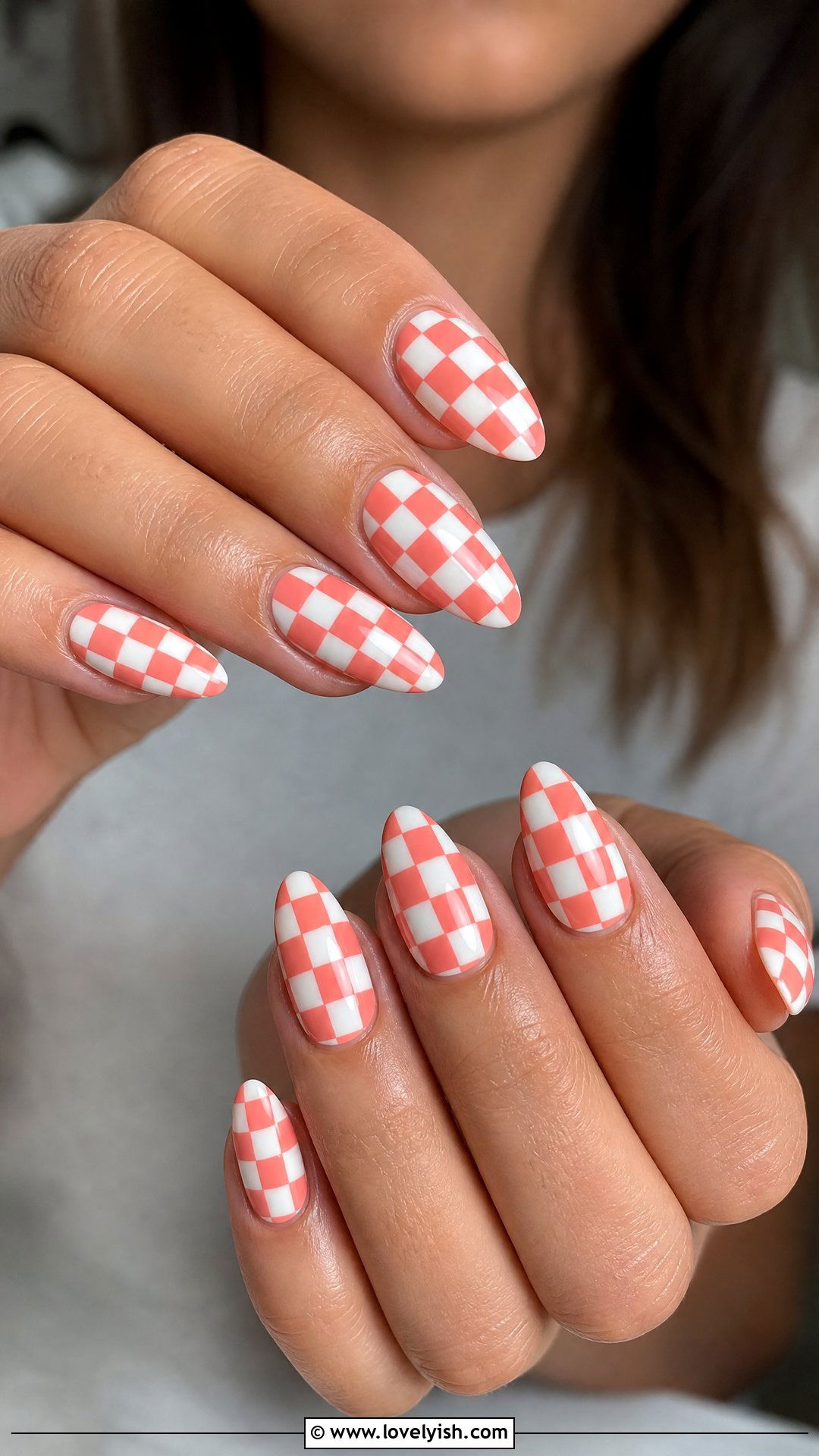 Coral and White Checkered Nails - 25 checkered nail designs - 25 checkered nail designs