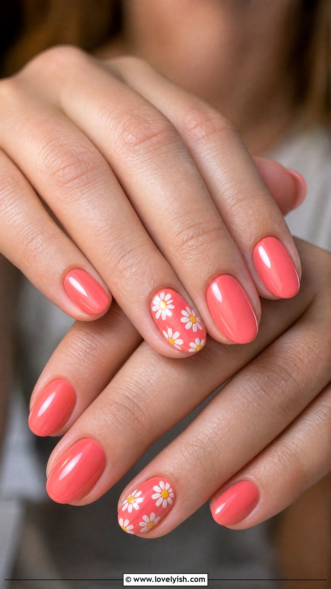 Coral and White Daisy Nails - 50 coral nail designs - 50 coral nail designs
