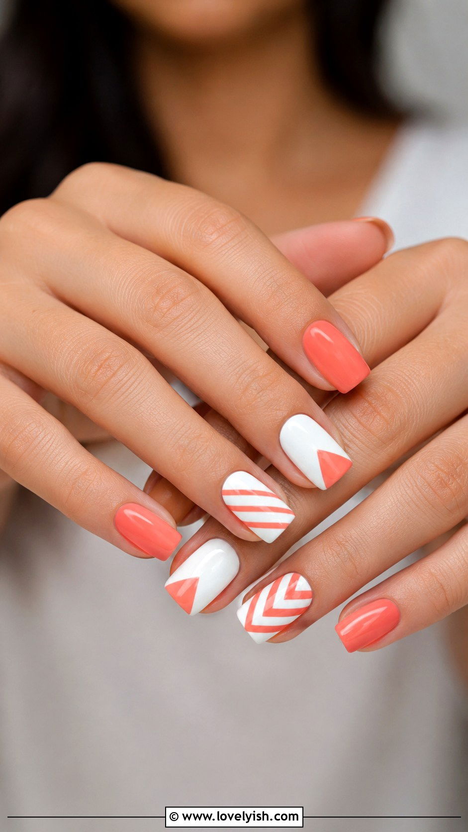 Coral and White Geometric Nails - 50 geometric nails - 50 geometric nails