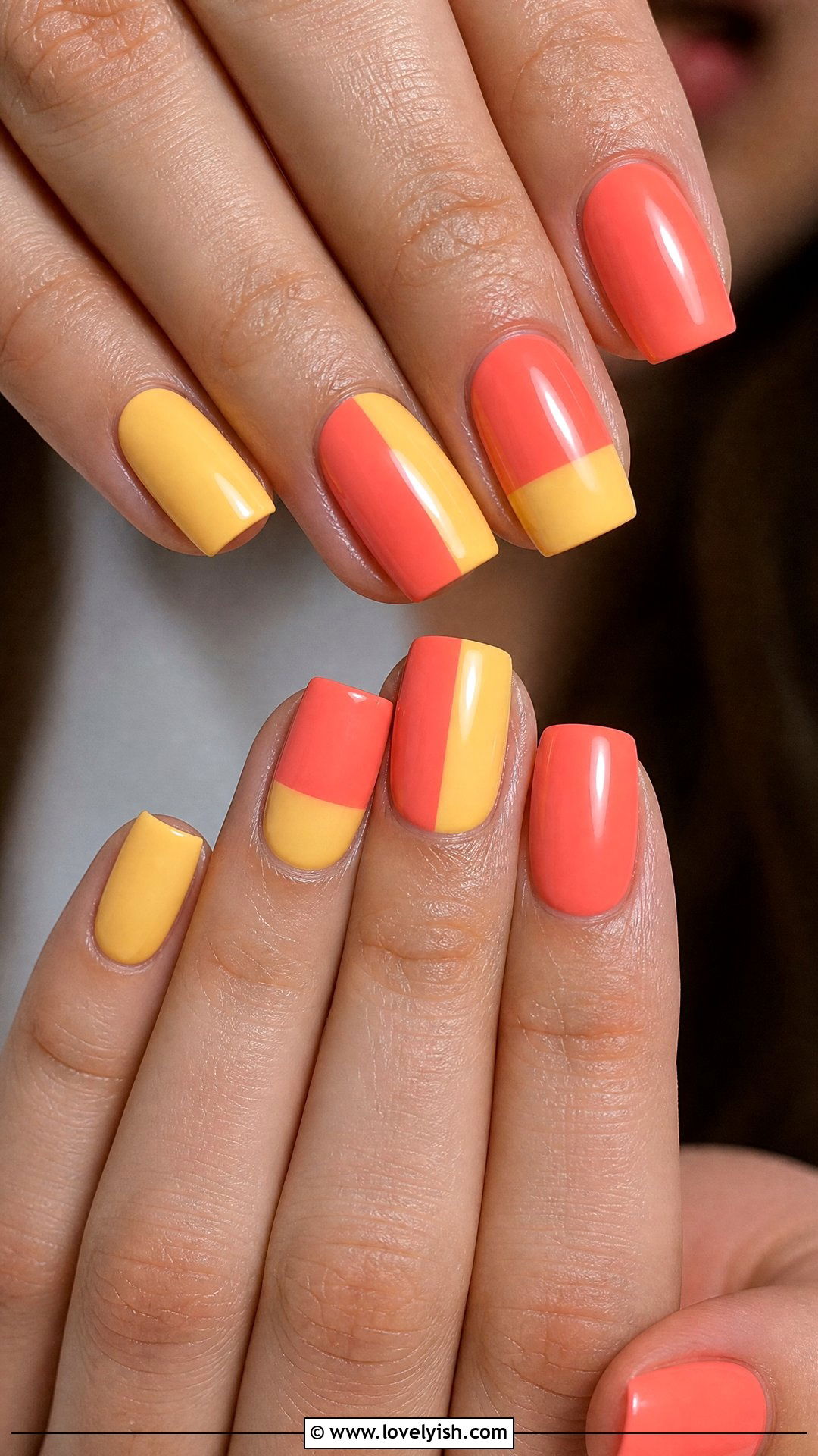 Coral and Yellow Color Block Nails - 50 coral nail designs - 50 coral nail designs