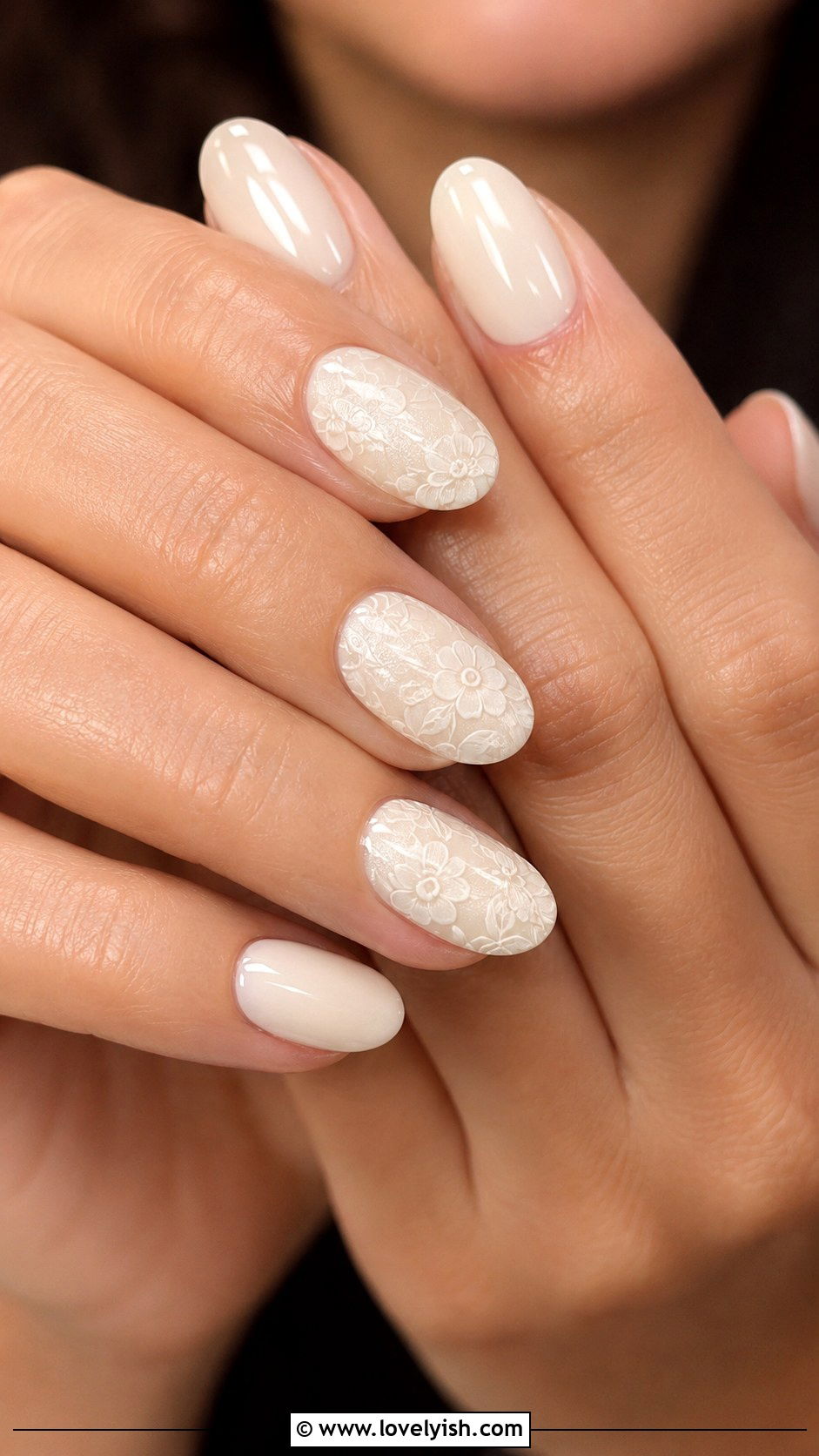 Cream Nails With Delicate White Floral Stamp - 38 wedding nail designs - 38 wedding nail designs