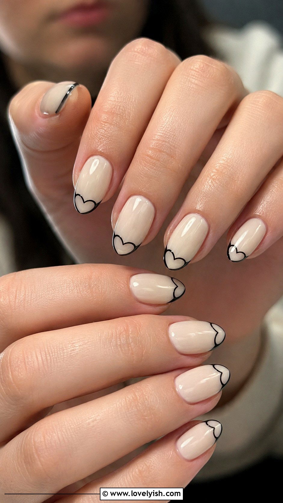 Cream Nails with Black Outline French Hearts - 33 minimalist nail designs - 33 minimalist nail designs